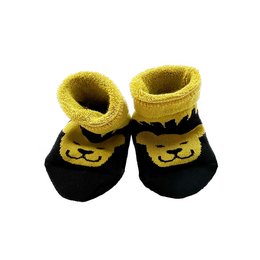 Soft, cozy baby booties with a cute lion design in yellow and black colors. Perfect for keeping little feet warm and comfortable.
