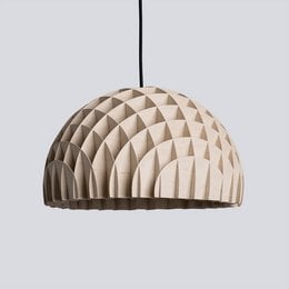 Ceiling lamp with a plywood dome-shaped shade featuring a geometric triangular pattern, creating a warm and modern lighting fixture for pendant lighting in a dining room or living space.