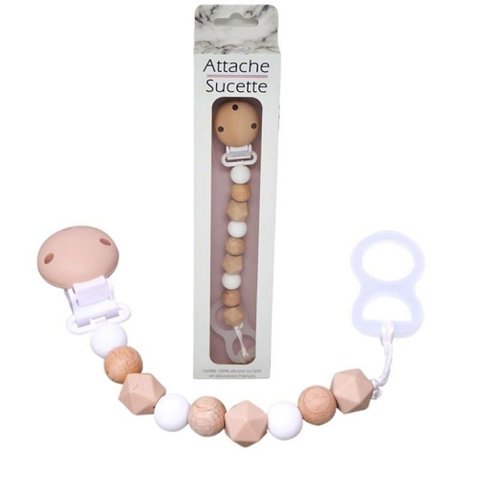 STANDARD SILICONE PACIFIER CLIP - WOOD AND TAUPE **DESTOCK**