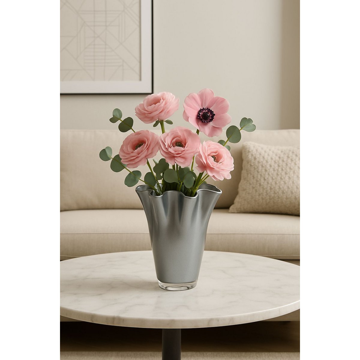 Vase Glas gewellt silber metallic Glasvase Tischvase 21 x 21 x 30 cm