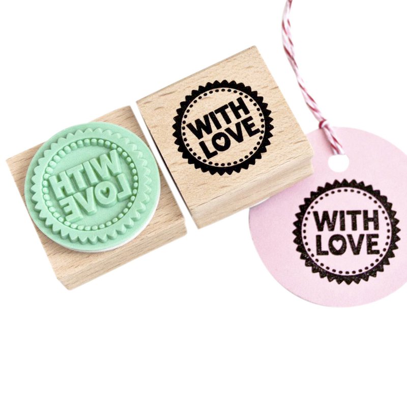 Timbro in legno realizzato a mano - "With Love" - ​​Design circolare - Verde menta