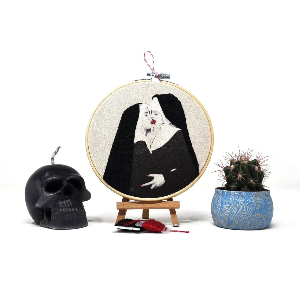 Handmade Embroidery Hoop Wall Art - Rebel nuns - Textile Wall Decoration (15cm)