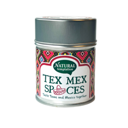 Tex Mex spice mix in a tin container with a colorful, patterned label. The spice mix contains a blend of spices and herbs commonly used in Tex-Mex cuisine.