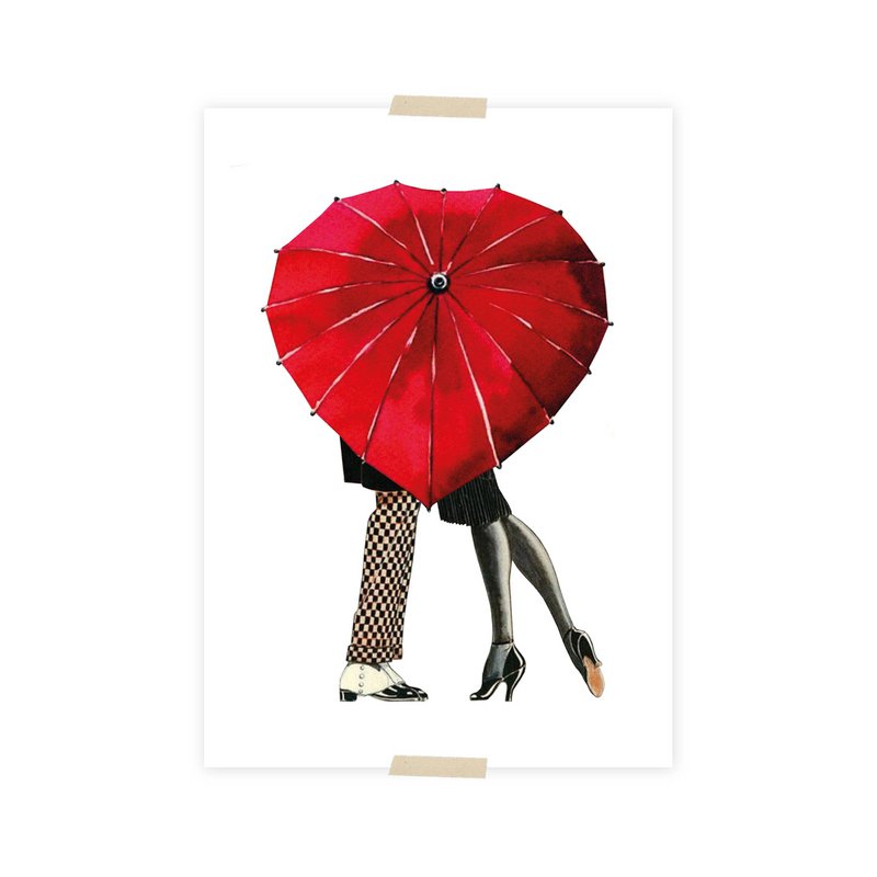 Postcard collage stel achter paraplu