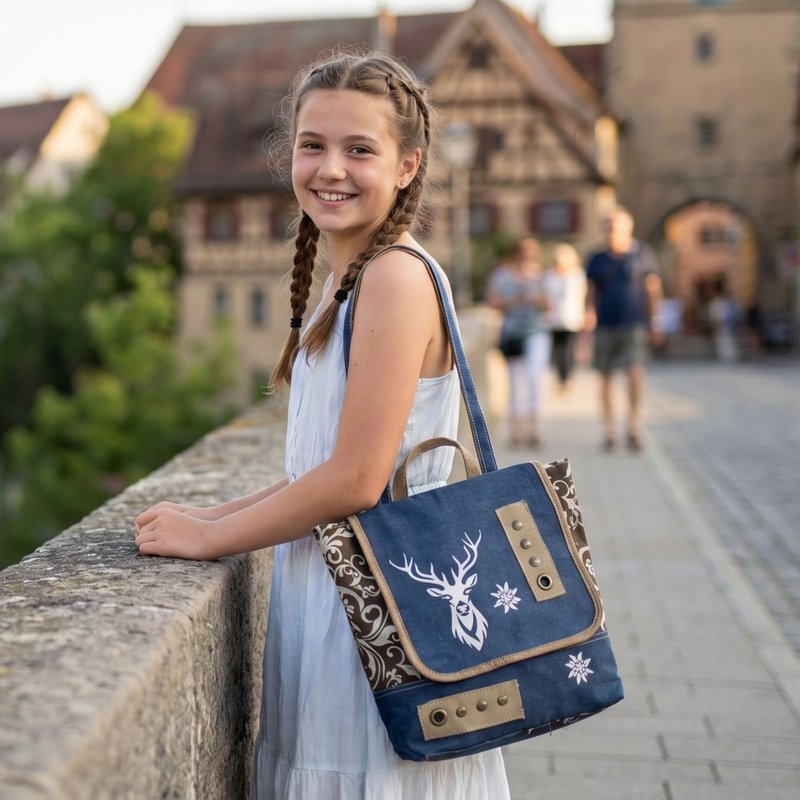 Domelo traditionele rugzak/schoudertas voor meisjes. Rugzak gemaakt van upcycled jeans en canvas met een hertenmotief