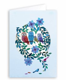  Laser-cut card featuring a wreath design with two owls and blue floral elements. The card is suitable for various occasions and can be used for semantic search related to owls, nature, and greeting cards.