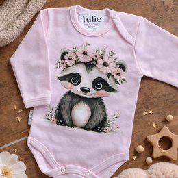 Pink baby bodysuit with cute raccoon wearing flower crown graphic, long sleeves, cotton.