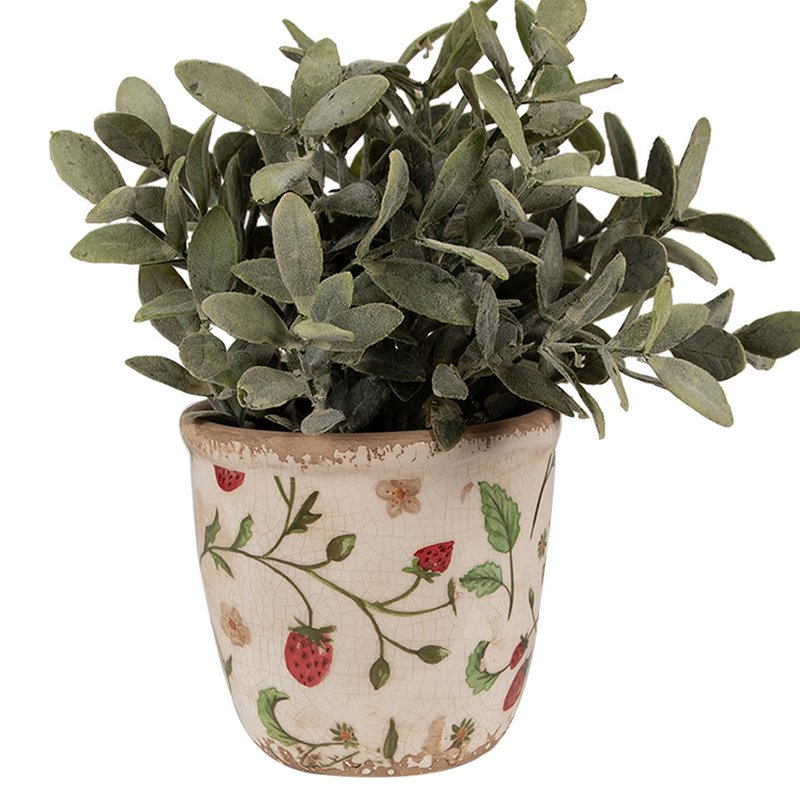Blumenpfropf Ø 11x10 cm Beige rote Keramik Erdbeerblumenpot im Inneren