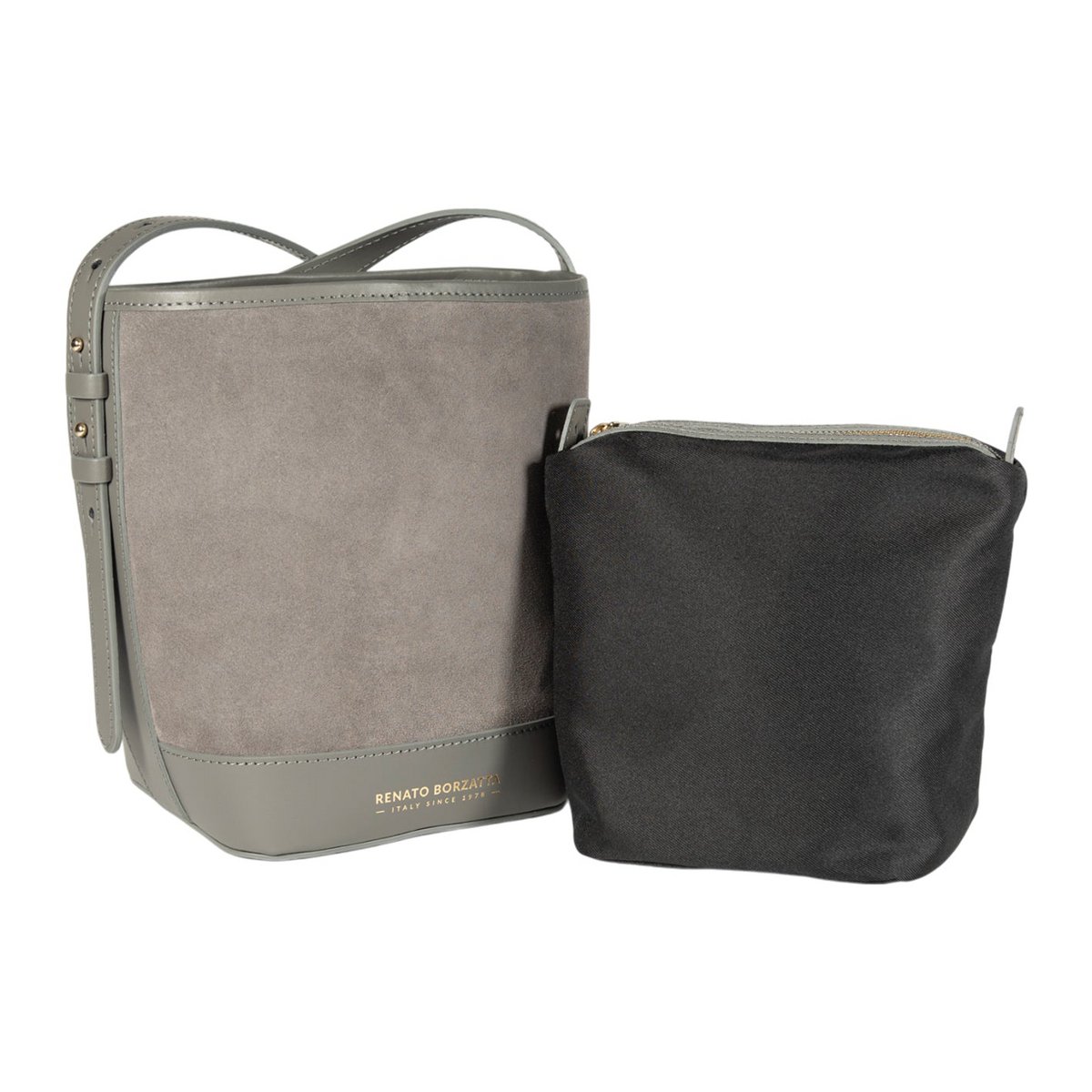 RB1031F | Bag damskiej w Brenda Bucket w prawdziwej skórze wyprodukowanej we Włoszech. Akcesoria jasne złote metal - szary kolor - wymiary: 25 x 23,5 x 17 cm