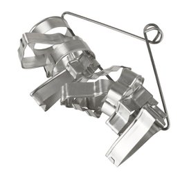 Set of 10 stainless steel Christmas cookie cutters in various festive shapes, including stars, trees, and snowflakes, on a metal hanger.