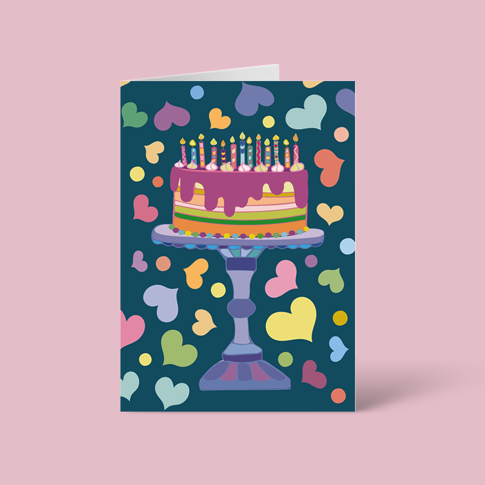 Birthday Cake and Hearts Greeting Card
