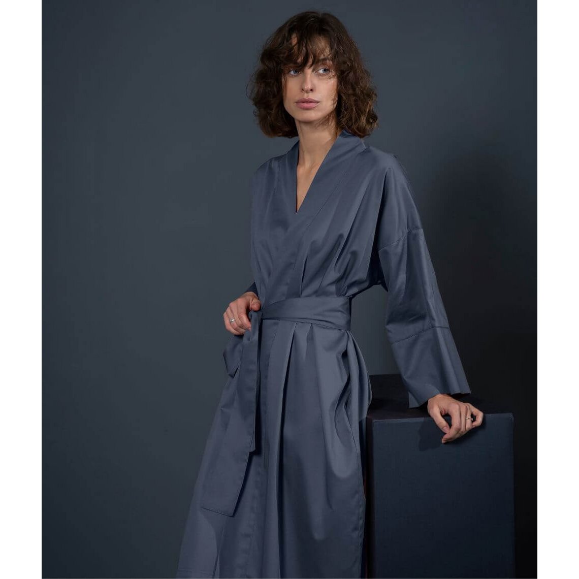 Sateen kimono bathrobe Solid Oxford Blue