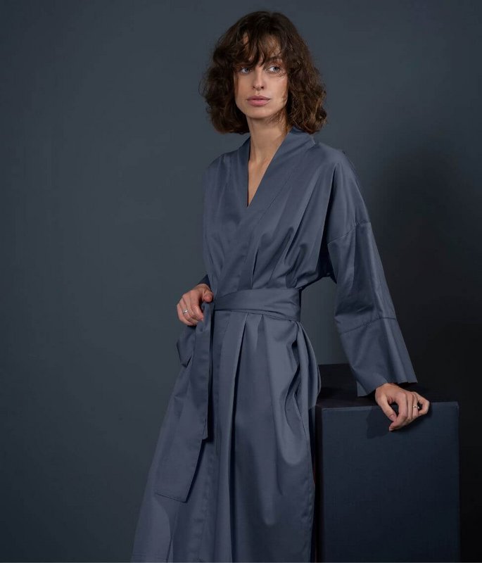 Sateen kimono bathrobe Solid Oxford Blue