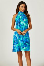 Abstrakt blomsterprint halter hals slips tilbage mini kjole i blå