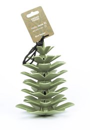 A recycled bird feeder in the shape of a tree with green leaves and a perched blue bird. The feeder is made of sustainable materials and is suitable for outdoor use.