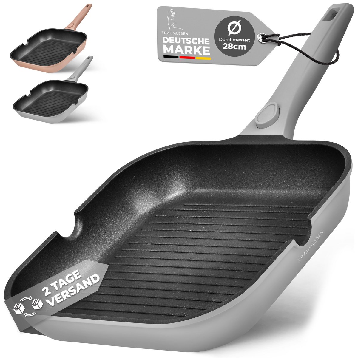 Grill Pan 28 cm, ikke -stick coating, aftagelige håndtag, induktion, ovnfestival (grå)