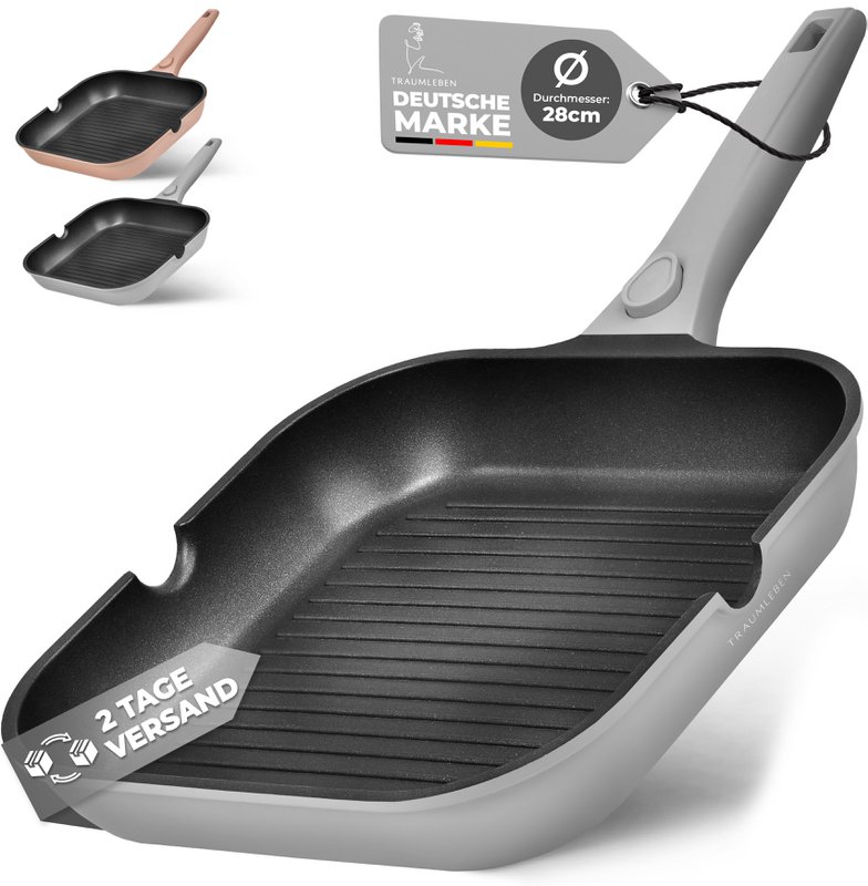 Grill Pan 28 cm, ikke -stick coating, aftagelige håndtag, induktion, ovnfestival (grå)