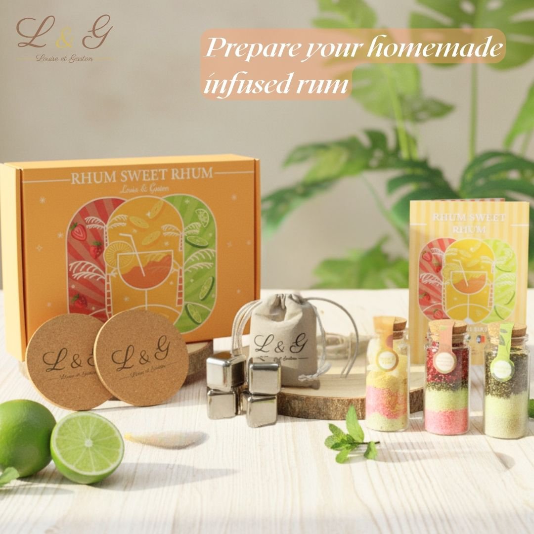 L&G - Arranged Rum Box “Sweet Rum” | Homemade Rum Making Kit with Natural Spices | 3 Vials of Exotic Flavors + Ice Cubes + Coasters | Mother's Day Gift Idea