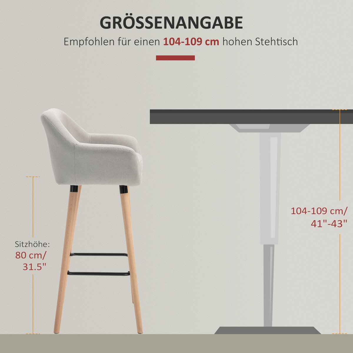 Set of 2 bar stools, including footrest, solid wood, 55 cm x 48 cm x 100 cm, beige