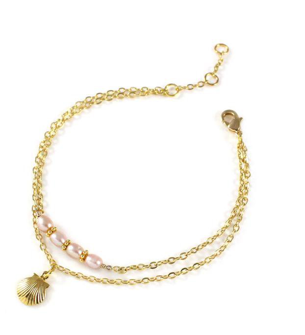 Bracciale con conchiglia placcato oro 18 carati e petali di rosa