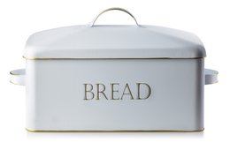  A white vintage-style metal bread box with the word "BREAD" printed on the front. The box has a hinged lid and a handle on top, measuring approximately 39x18x21cm.