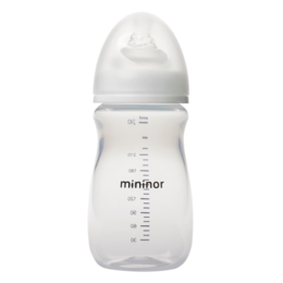 A clear plastic bottle with a white cap, designed for infants 0 months and up. The bottle is 240ml in capacity and made of polypropylene (PP) material.