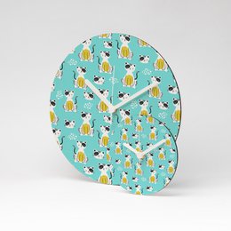 Round wall clock with panda and cat designs in a teal background.