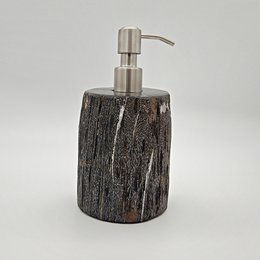 Petrified wood soap dispenser with a stainless steel pump. Unique natural texture and color.