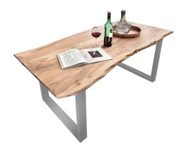  Natural wood top dining table with silver metal frame, 140 cm x 80 cm.