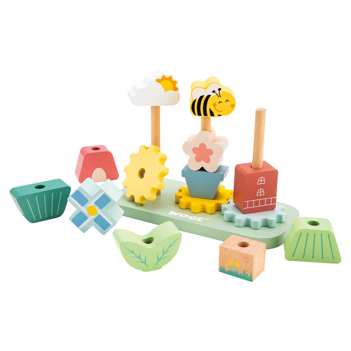 Houten stapelspel met tandwielen
