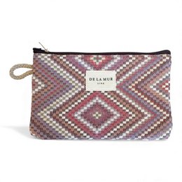  Patterned makeup pouch with zipper closure and woven design in shades of pink, purple, and beige.