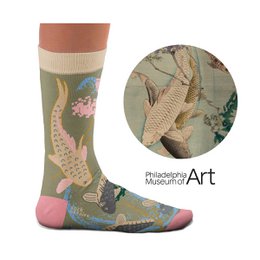 Carps Swimming Socks - Colorful socks featuring a vibrant koi fish design with shades of pink, green, and beige. The socks have a tall, round shape and appear to be made of a soft, stretchy material.