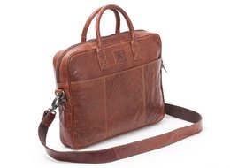 Soft brown leather briefcase with adjustable shoulder strap, suitable for 13-inch laptops.