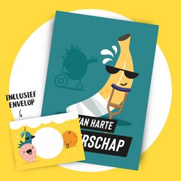 Cheerful banana-shaped get well soon card with a smiling face and party hat design.