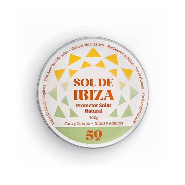 Crema Solar natural SPF50 Sol de Ibiza. BIO.  Filtros minerales. Sin plástico. Especial deporte acuático. Lata de 100 ml.