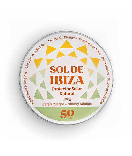 Naturlig solcreme SPF50 Sol de Ibiza. BIO. Mineralske filtre. Ingen plastik. Særlig vandsport. 100 ml dåse.