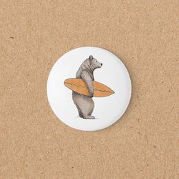 Bear surfing with surfboard, round white magnet, cute animal illustration, surf design.