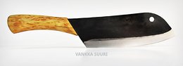 A large, extra-finish kitchen knife with a wooden handle and a black blade.
