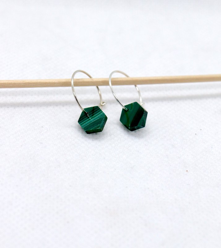 Handmade silver mini hoop earrings malachite marquise
