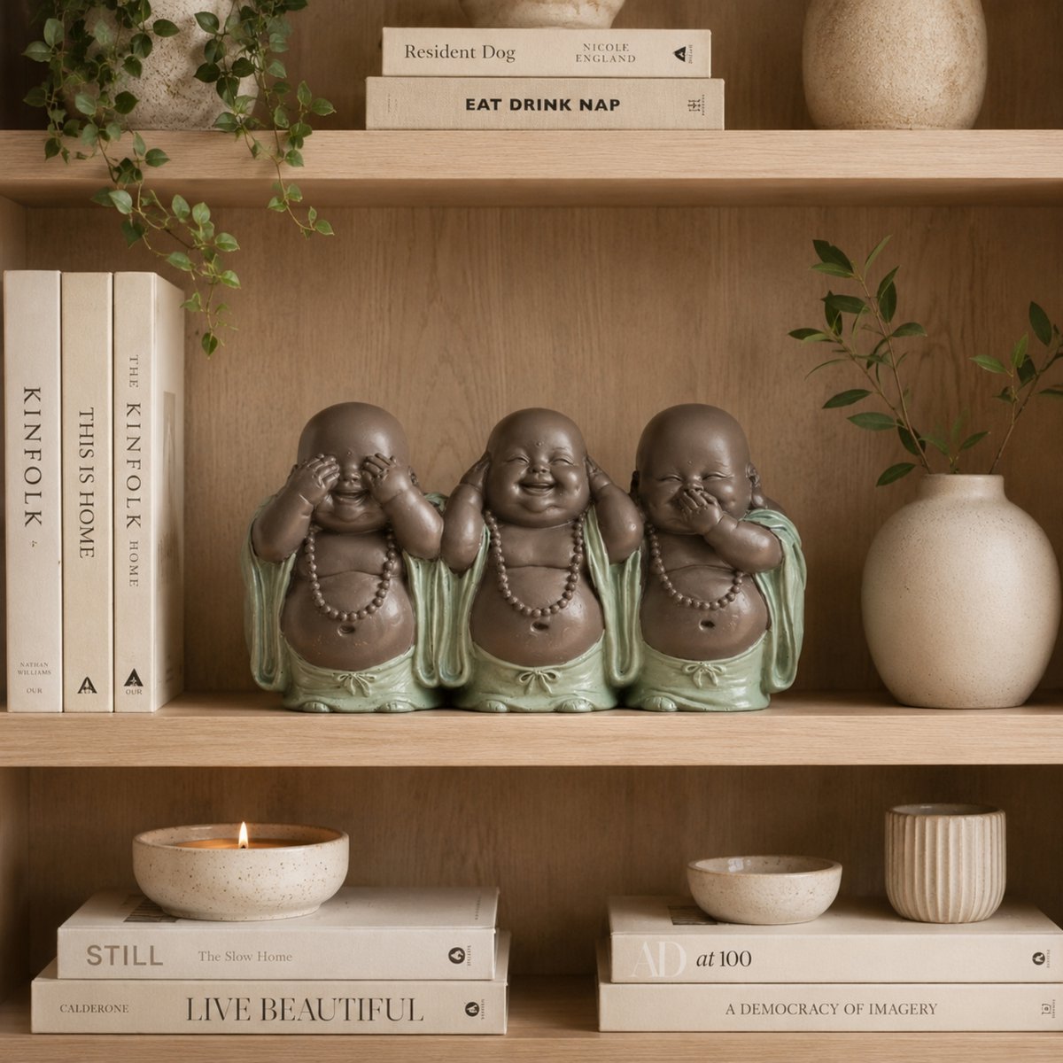 Estatua 3 Budas que Ríen - Decoración Zen y Feng Shui - Para crear un ambiente relajante y espiritual - Idea de regalo de la suerte