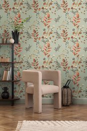 Non-woven floral abstract wallpaper in grey, green, and orange tones featuring leaves, flowers, and branches.