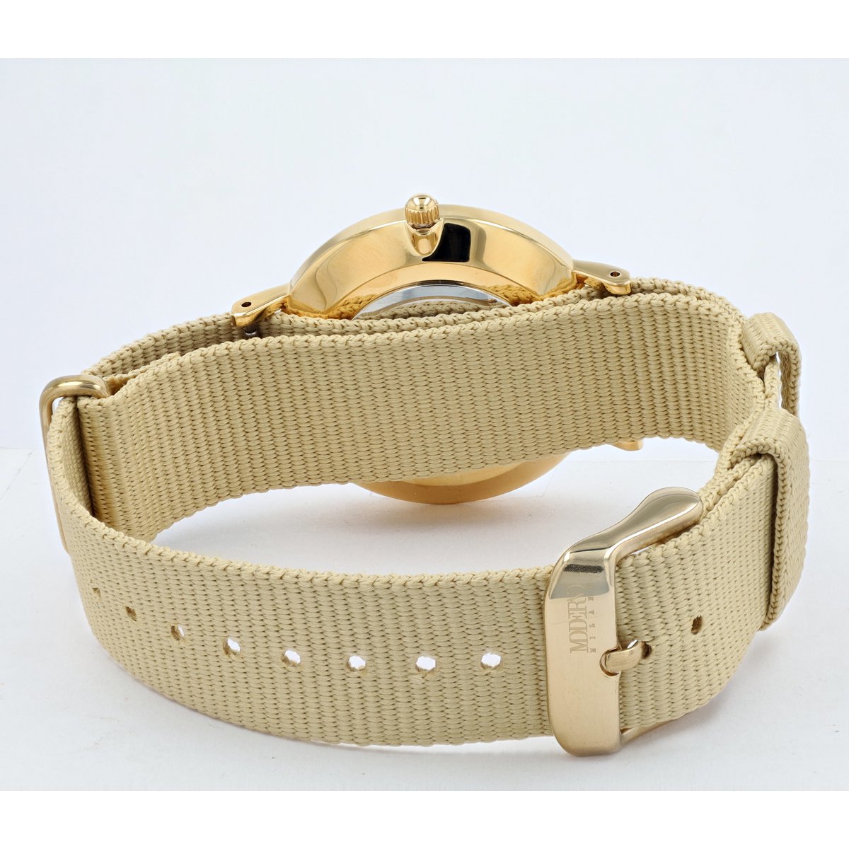 Moderno Milano stainless steel women's watch 36.5 mm, sapphire crystal & nylon NATO strap (beige), gold-colored
