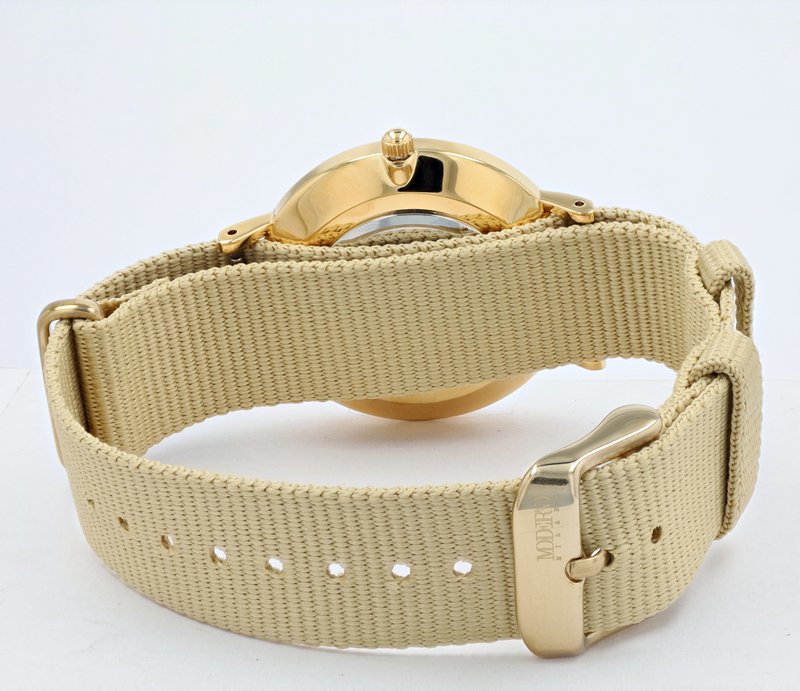 Moderno Milano stainless steel women's watch 36.5 mm, sapphire crystal & nylon NATO strap (beige), gold-colored