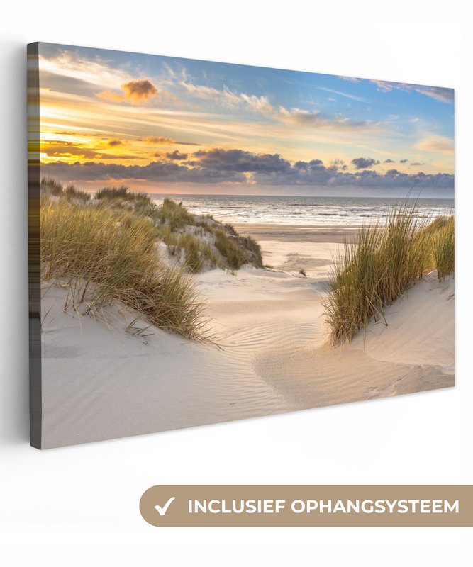 Lærredsmaleri - vægdekorationstrand - klit - græs - solnedgang - hav - vægdekoration stue - soveværelse dekoration - værelse tilbehør - malerier på lærred