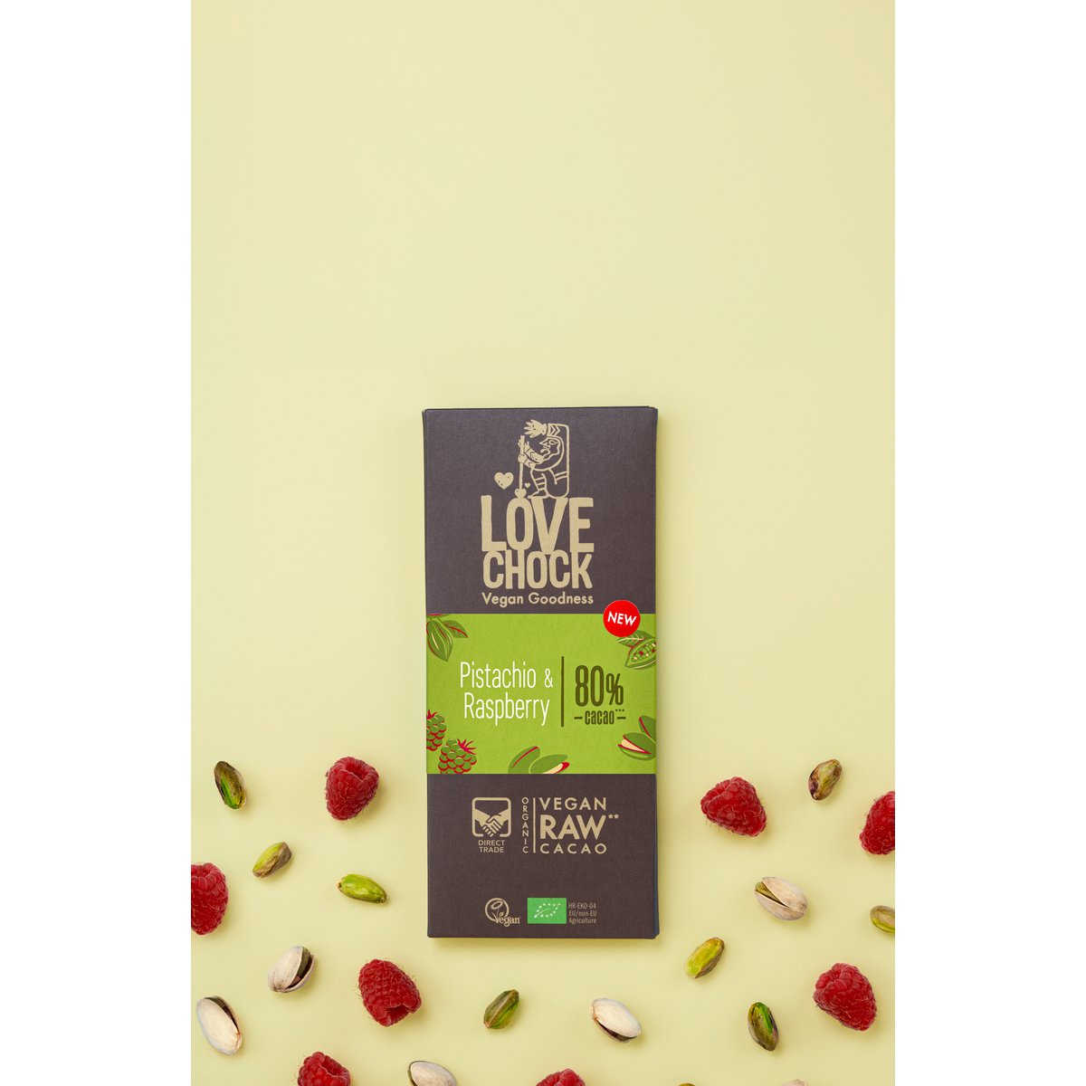 80 % Schokolade mit Pistazien und Himbeeren – Biologisch, roh, pflanzlich und nachhaltig