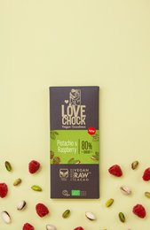 80 % Schokolade mit Pistazien und Himbeeren – Biologisch, roh, pflanzlich und nachhaltig