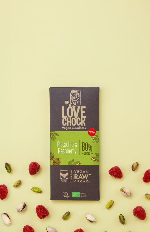 80 % Schokolade mit Pistazien und Himbeeren – Biologisch, roh, pflanzlich und nachhaltig