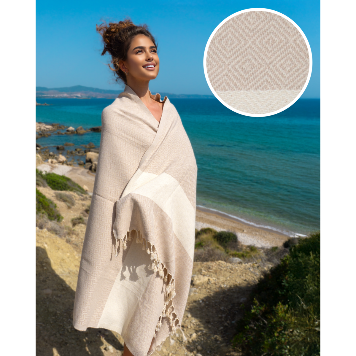 Telo mare Hammam in cotone DIAMANT – Leggero e ad asciugatura rapida – Beige - 180x100 cm