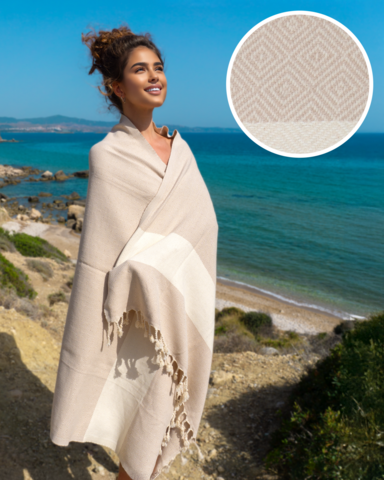 DIAMANT Cotton Hammam Beach Towel – Quick Dry & Lightweight – Beige - 180x100 cm