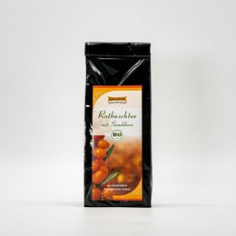 Organic rooibos tea with sea buckthorn, black pouch packaging, orange berries visible, loose leaf tea blend